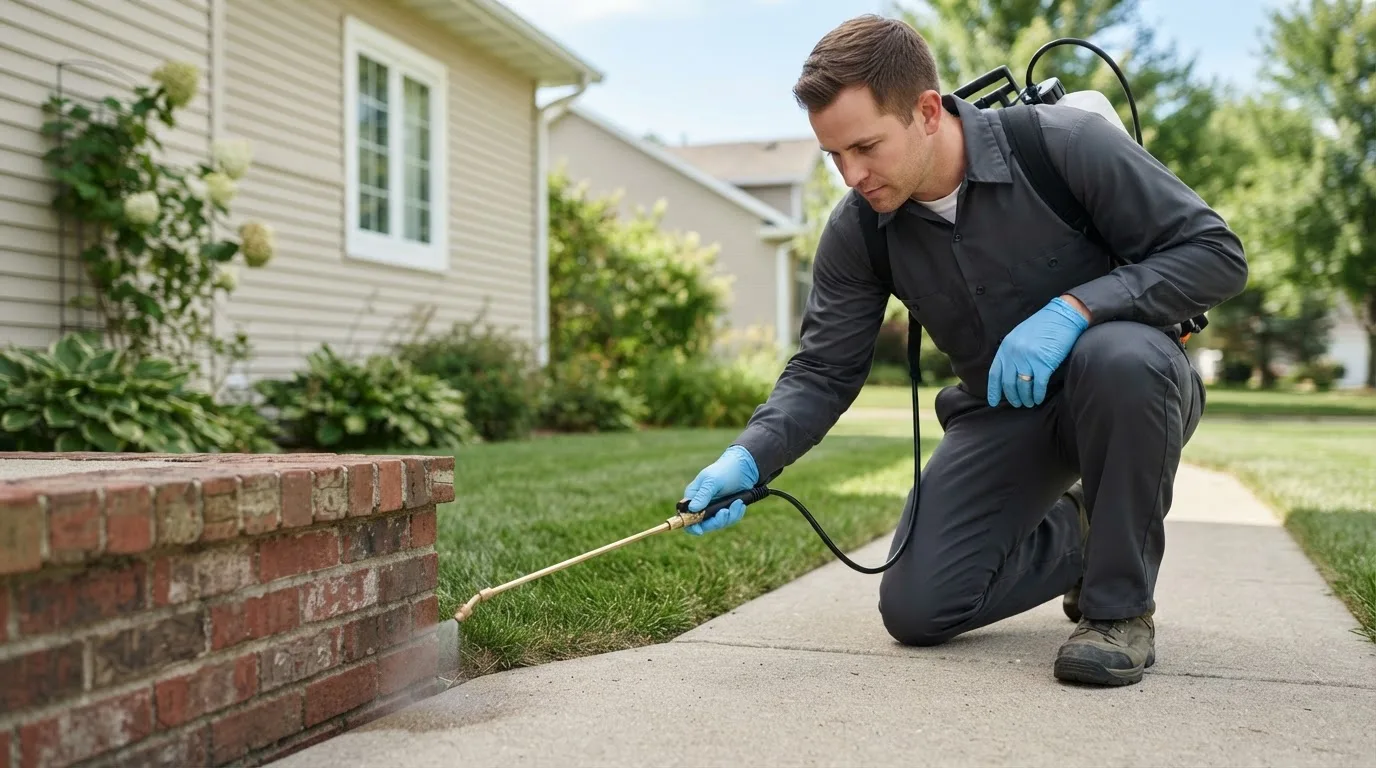 Pest control technician treating a home near Homerville, OH