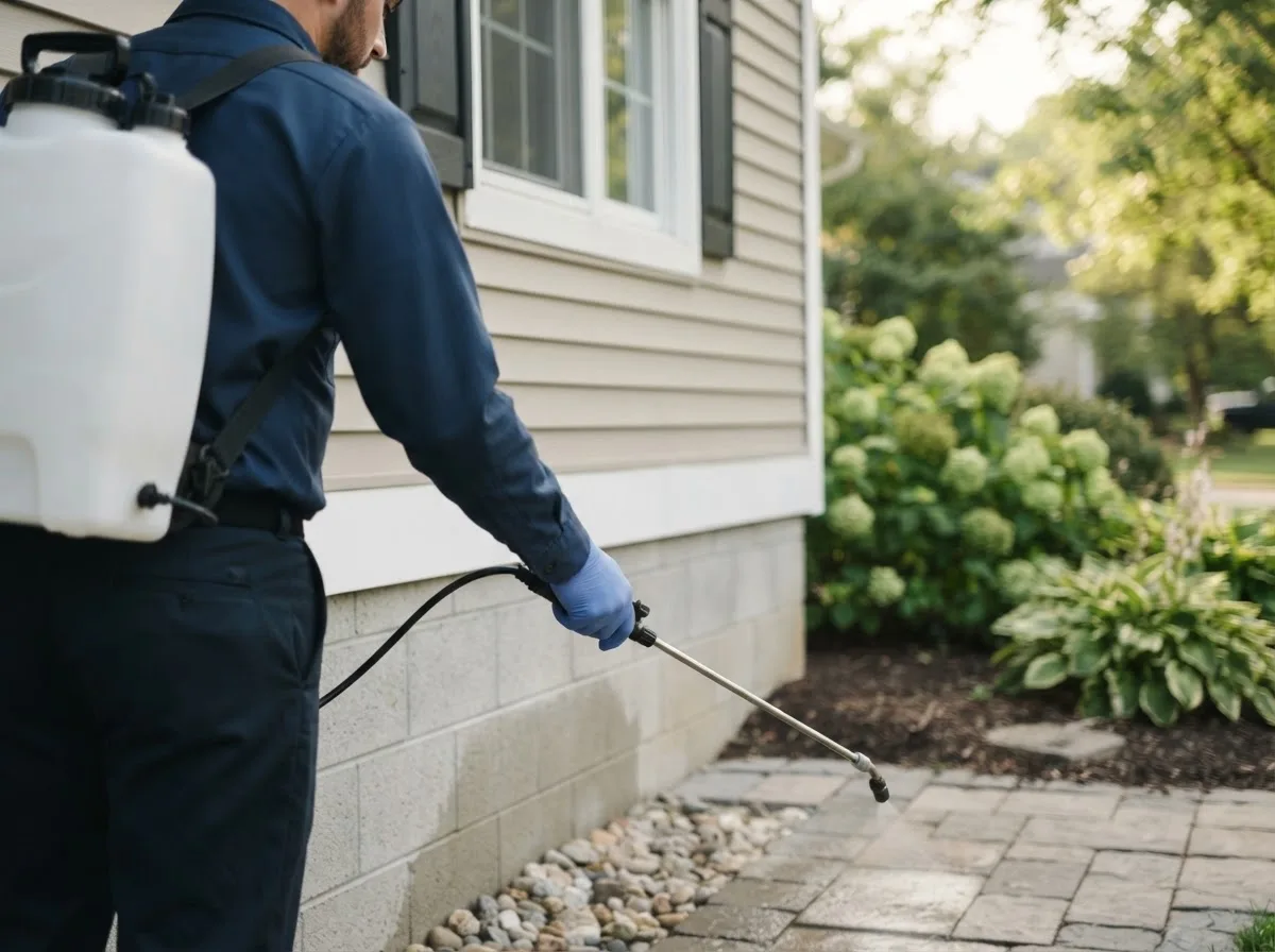 Pest control technician inspecting a home in Homerville, OH